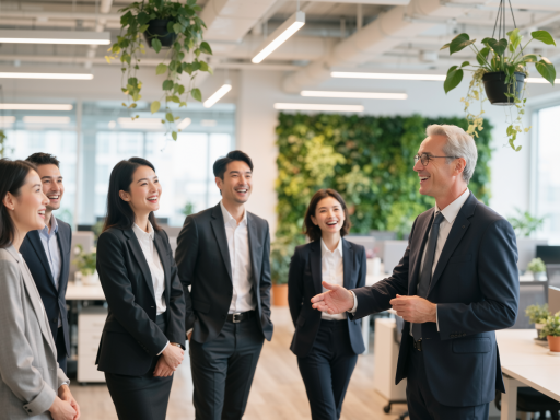 公司团队合影，办公室环境，员工穿着正装，背景有公司标识