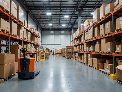 现代化美国海外仓内部，货架整齐，叉车作业，明亮灯光